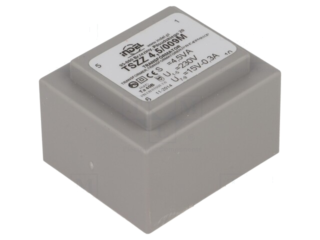 Transformator: ingegoten; 4,5VA; 230VAC; 15V; 300mA; PCB; IP00 Transformator: ingegoten; 4,5VA; 230VAC; 15V; 300mA; PCB; IP00
